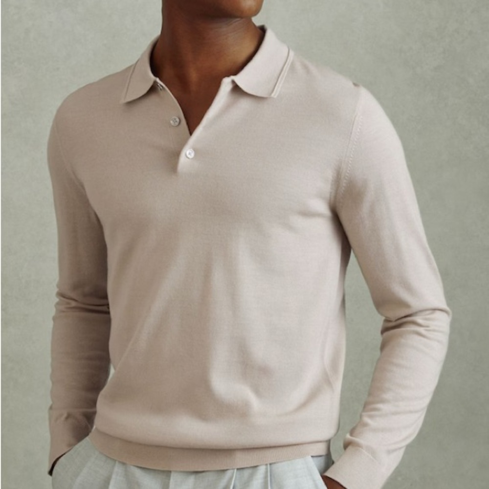 Reiss Trafford Merino Wool Long Sleeve Polo Shirt. Washed stone. Mens Size Large
